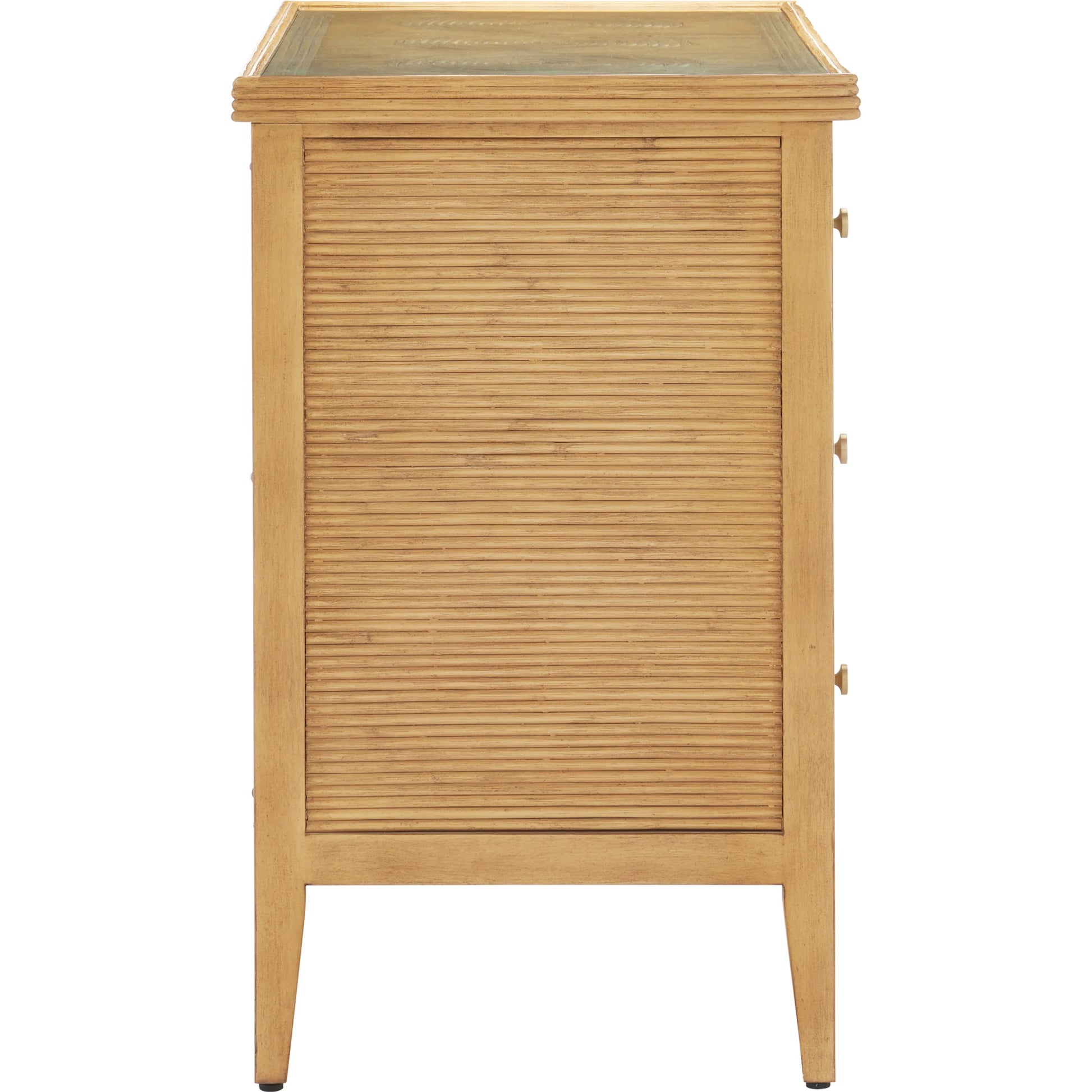 Santos 3-Drawer Chest by Currey and Company. Made from rattan, mahogany, glass, brass in a modern style.