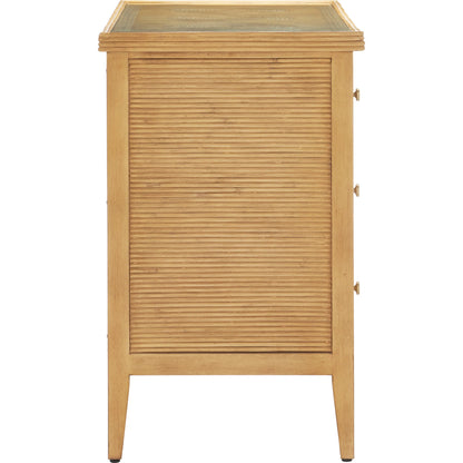 Santos 3-Drawer Chest by Currey and Company. Made from rattan, mahogany, glass, brass in a modern style.