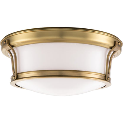 Newport Flush Mount by Hudson Valley in aged brass. Made from steel in a modern style.