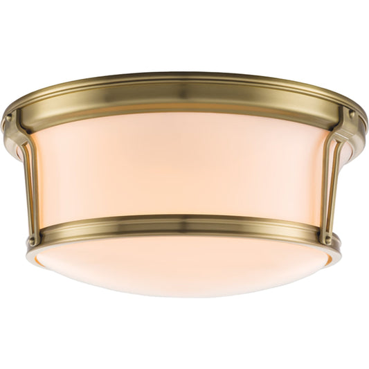 Newport Flush Mount by Hudson Valley in aged brass. Made from steel in a modern style.