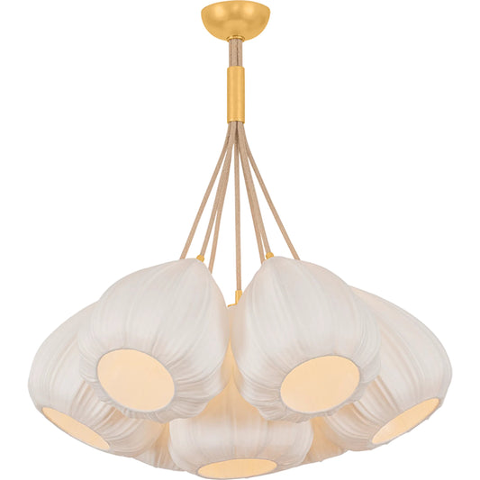 Livonia Chandelier by Hudson Valley in vintage gold leaf. Made from textile in a unique style.