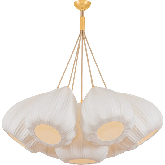 Livonia Chandelier by Hudson Valley in vintage gold leaf. Made from textile in a unique style.