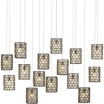 Regatta Rectangular 15-Light Multi-Drop Pendant by Currey and Company in cupertino, silver. Made from cupertino, iron, capiz shell in a modern style.