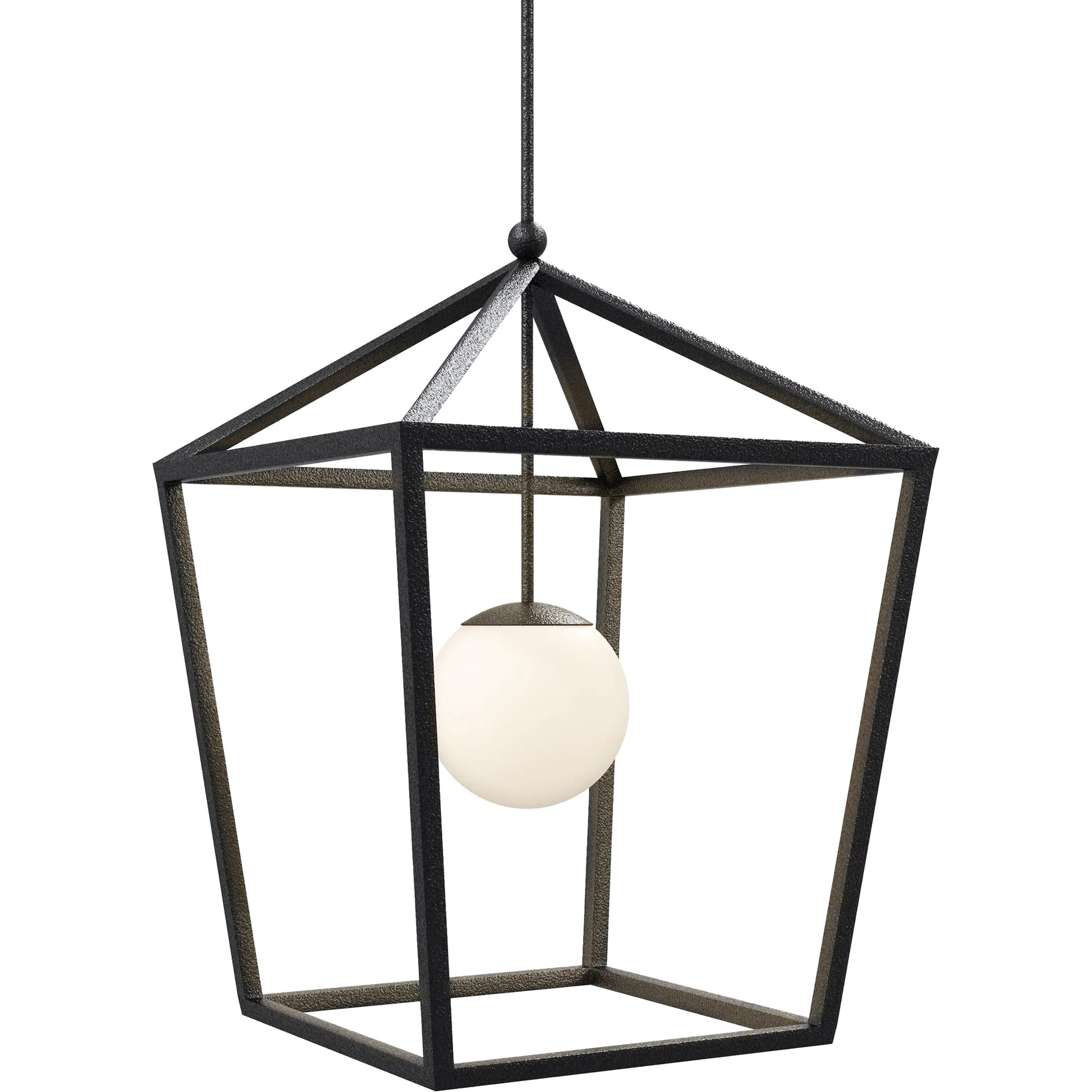 Denison Outdoor Lantern by Currey and Company in black, frosted white. Made from wrought iron, glass in a modern style.