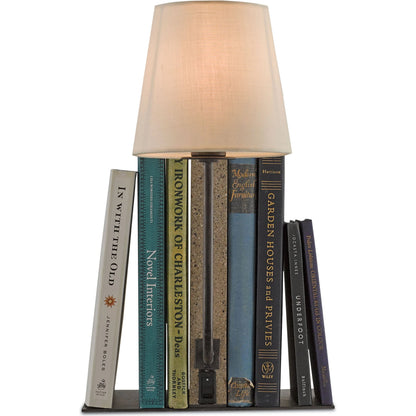 Oldknow Bookcase Lamp by Currey and Company in polished concrete, aged steel. Made from concrete, wrought iron in a modern style.