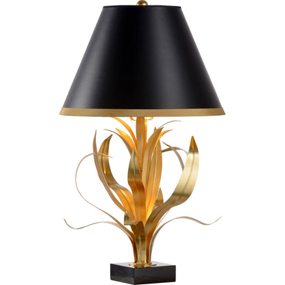 Lilith Lamp by Wildwood in antique gold leaf, natural black. Made from iron in a transitional style.
