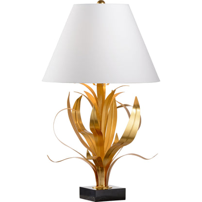 Lilith Lamp by Wildwood in antique gold leaf, natural black. Made from iron in a transitional style.