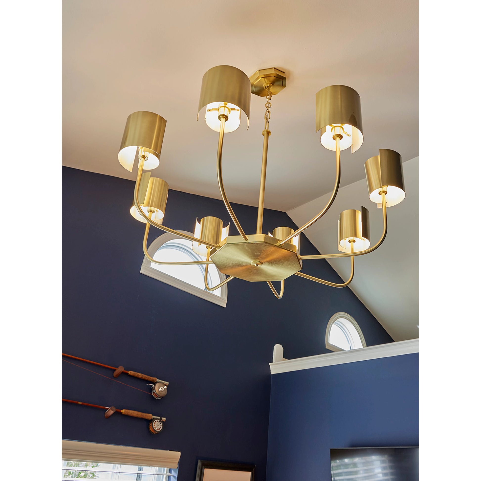 Castle Yard Chandelier by Wildwood in antique brass. Made from steel in a modern style.