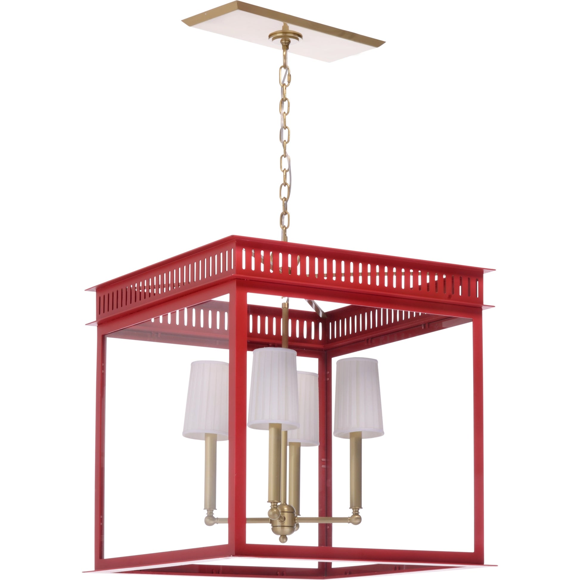 Salt Run Lantern by Wildwood in antique, red lacquer, clear. Made from brass/iron/glass in a modern style.