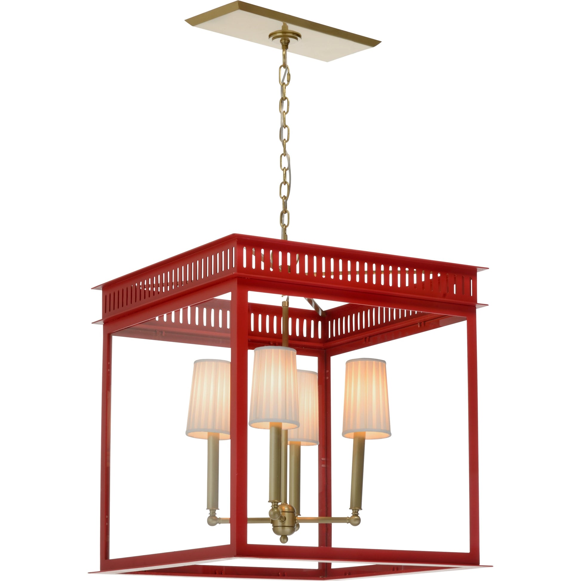 Salt Run Lantern by Wildwood in antique, red lacquer, clear. Made from brass/iron/glass in a modern style.