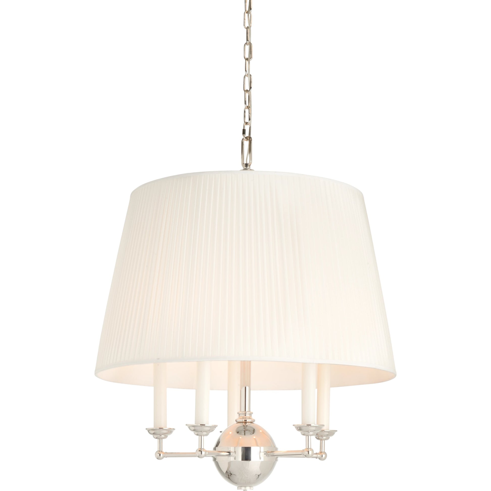Jermyn Street Chandelier by Wildwood in polished nickel, off white silkette. Made from steel/fabric in a modern style.
