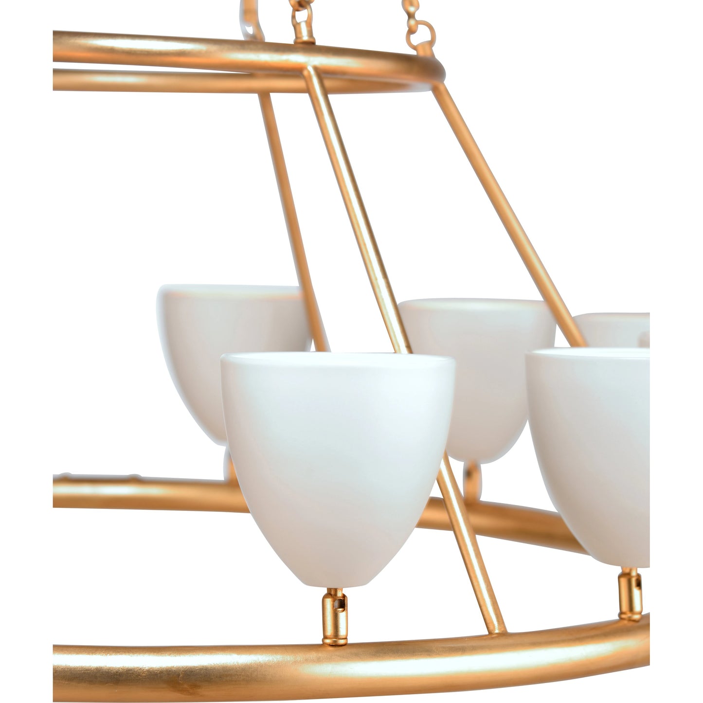 002 SI-2104508 | Closeup | Marilyn Chandelier by Wildwood in antique gold leaf, matte white. Made from iron/glass in a modern style.