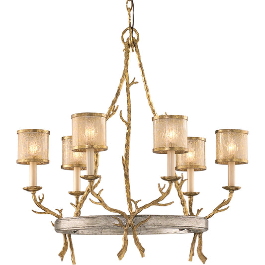 Parc Royale Chandelier by Corbett in vintage gold leaf. Made from hand worked iron in a unique style.