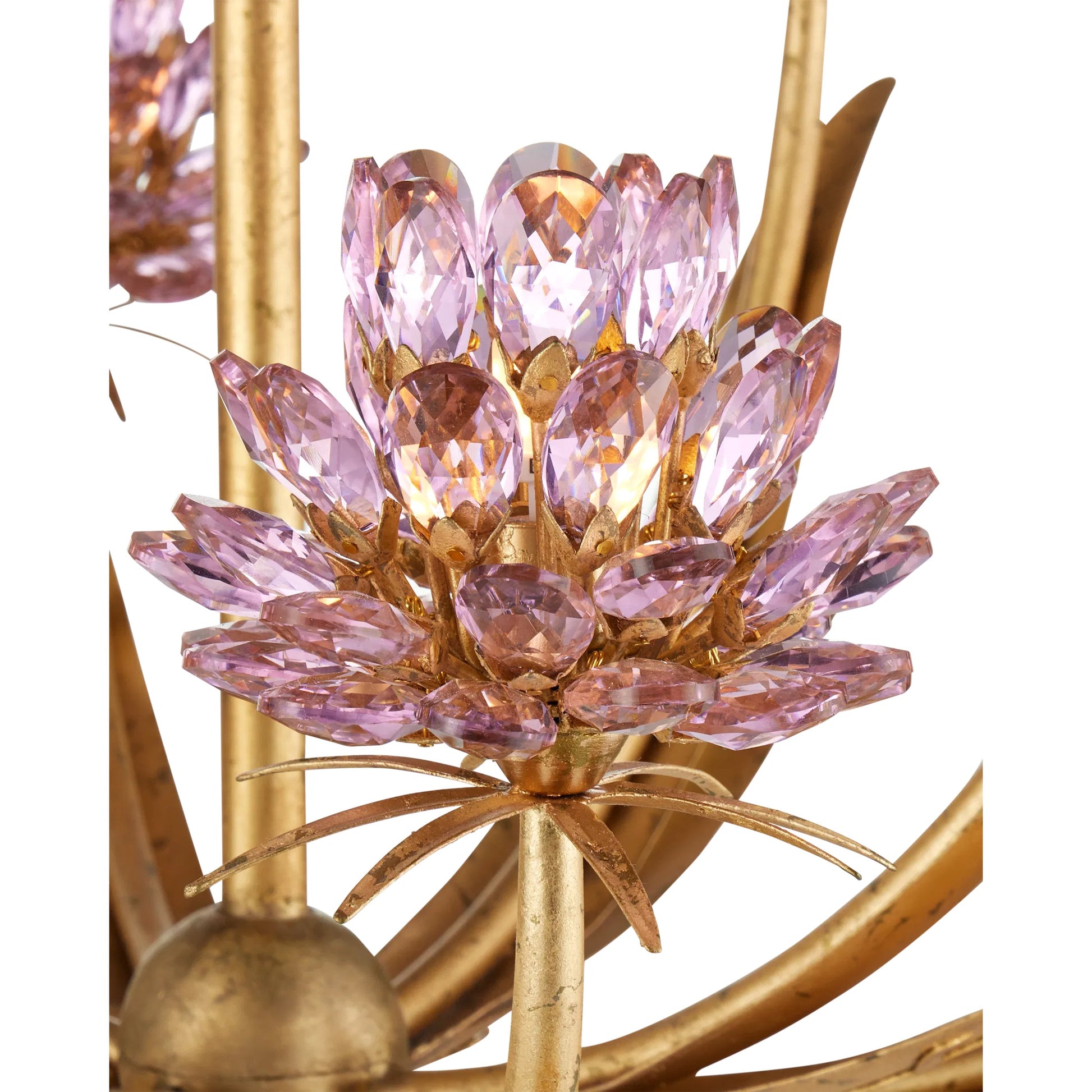 Marilee Chandelier by Currey and Company in pink, dutch gold leaf. Made from crystal, wrought iron in a eclectic & global style.