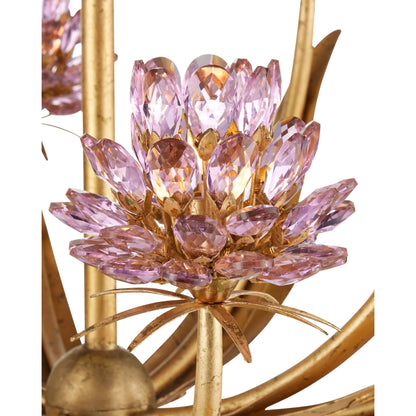 Marilee Chandelier by Currey and Company in pink, dutch gold leaf. Made from crystal, wrought iron in a eclectic & global style.