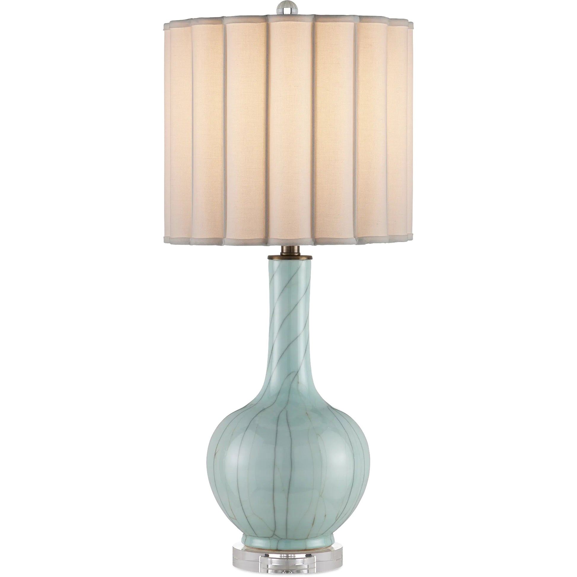 Celadon Crackle Table Lamp by Currey and Company in celadon crackle, clear, antique brass. Made from porcelain, optic crystal, metal in a modern style.