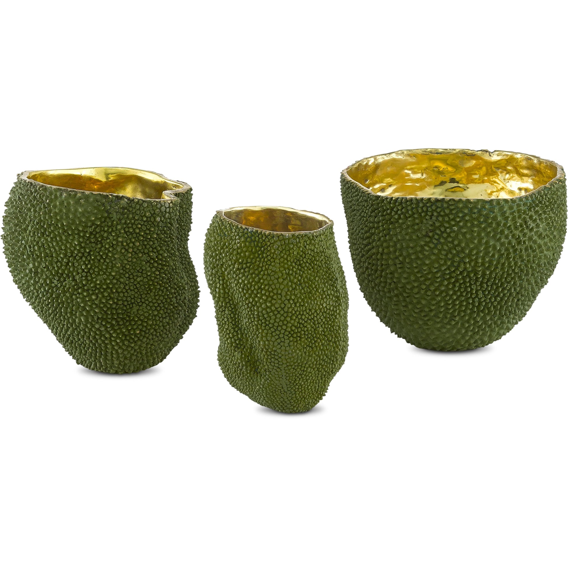 Jackfruit Vase by Currey and Company in green, gold. Made from bronze in a coastal style.