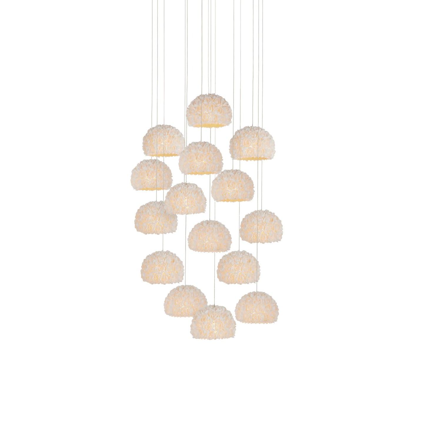 002 SI-2134112 | Additional Silo | Virtu 15-Light Round Multi-Drop Pendant by Currey and Company in natural, silver. Made from clamrose shell, metal, composite in a modern style.