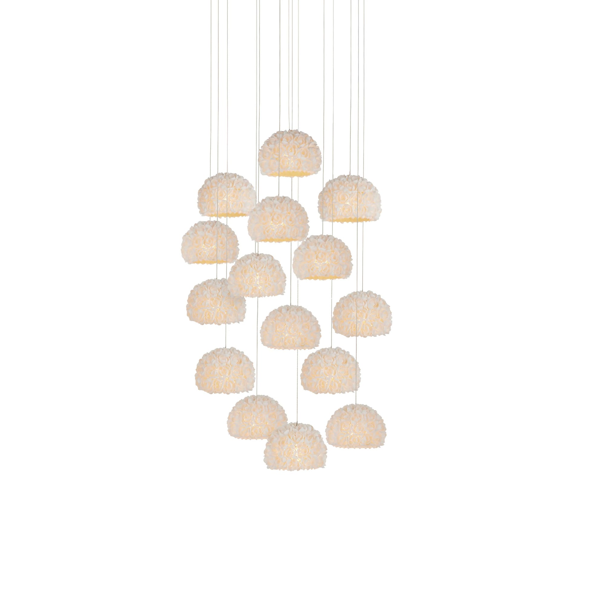 Virtu 15-Light Round Multi-Drop Pendant by Currey and Company in natural, silver. Made from clamrose shell, metal, composite in a modern style.