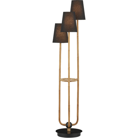 Triptych Floor Lamp by Currey and Company in natural rattan, satin black. Made from wrought iron, rattan in a modern style.