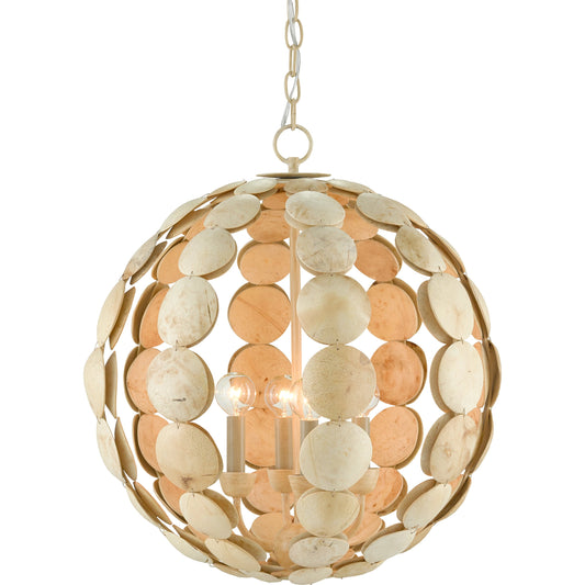 Tartufo Shell Chandelier by Currey and Company in coco cream. Made from wrought iron, coco shell in a coastal style.