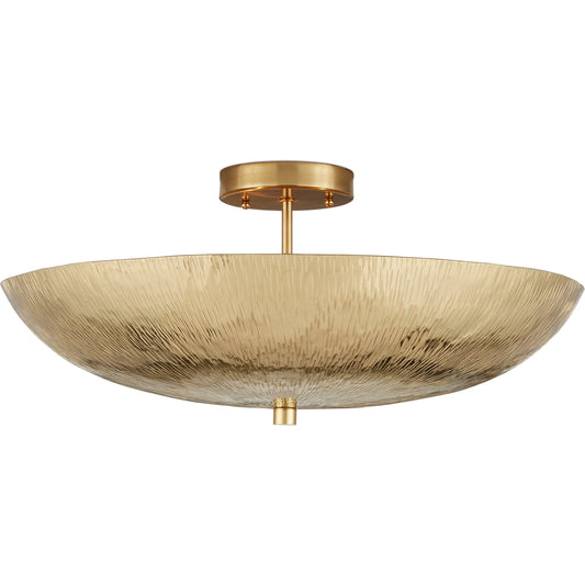Origo Semi-Flush Mount by Currey and Company in brass. Made from aluminum, metal in a rustic style.