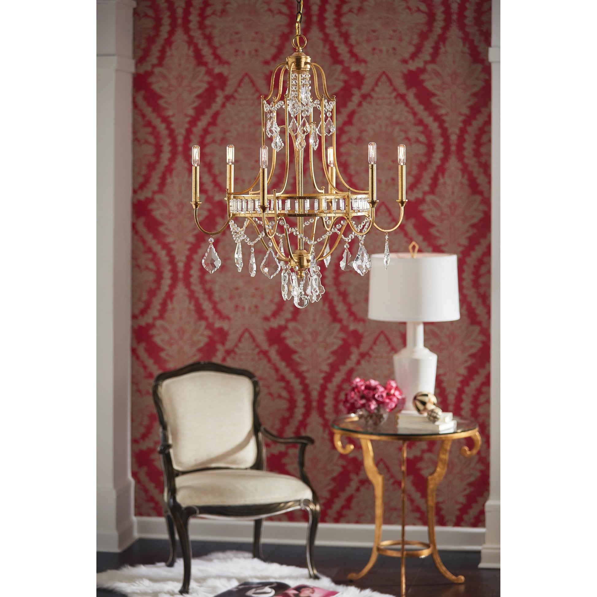 Buckhead Chandelier by Wildwood in antique gold leaf, clear. Made from iron in a traditional style.