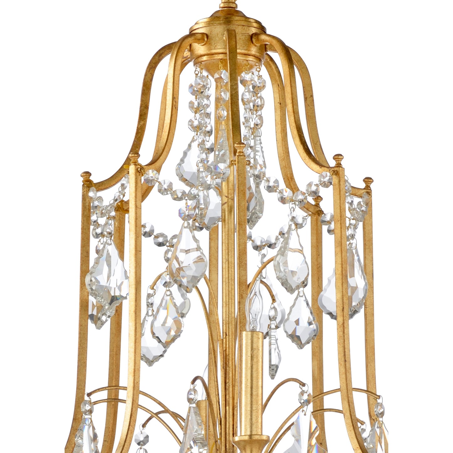 004 SR-384928 | Closeup | Buckhead Chandelier by Wildwood in antique gold leaf, clear. Made from iron in a traditional style.