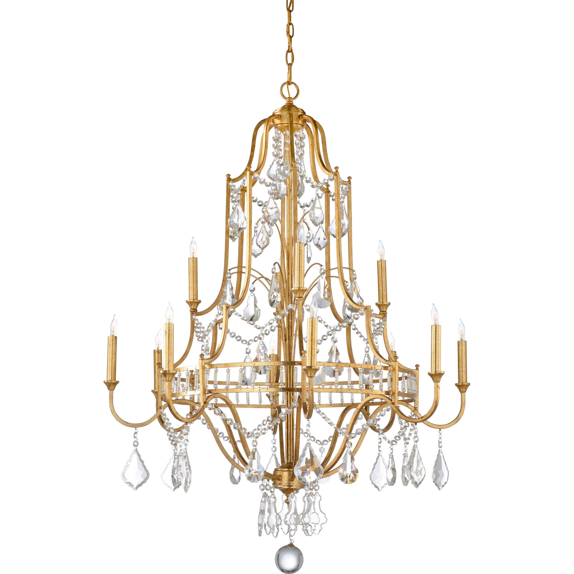 Buckhead Chandelier by Wildwood in antique gold leaf, clear. Made from iron in a traditional style.