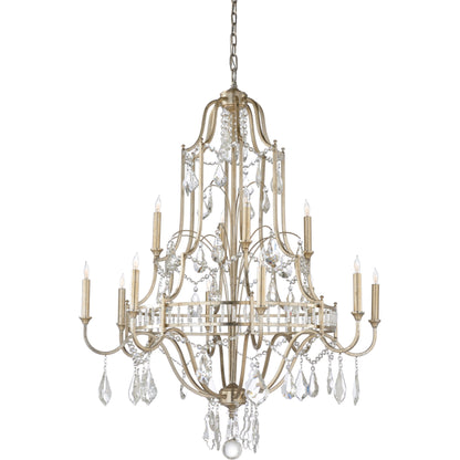 Buckhead Chandelier by Wildwood in antique gold leaf, clear. Made from iron in a traditional style.