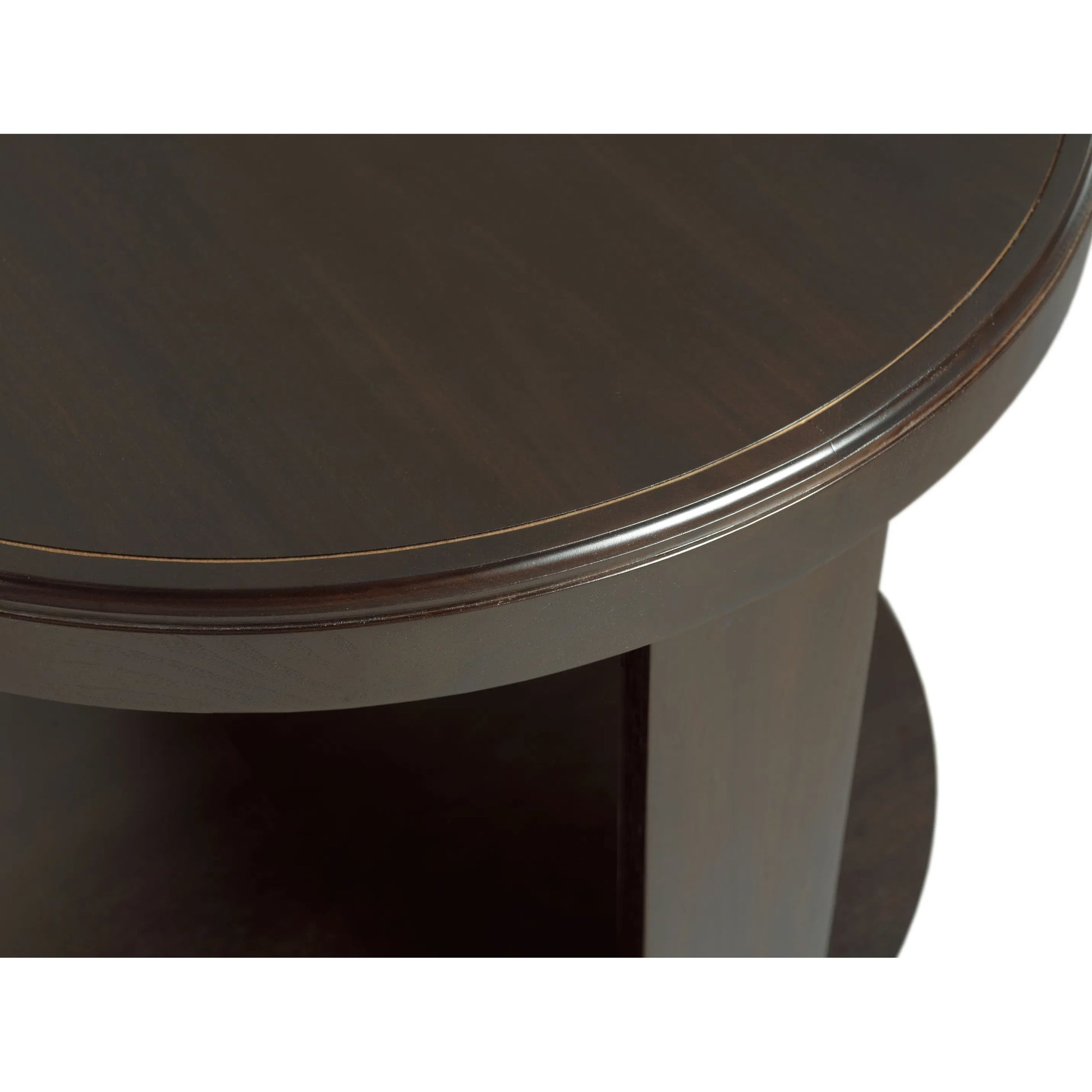 Libby Langdon Oakleigh End Table by Fairfield Chair in brown and dark sable. Made from birch solids, walnut veneers in a unique style.