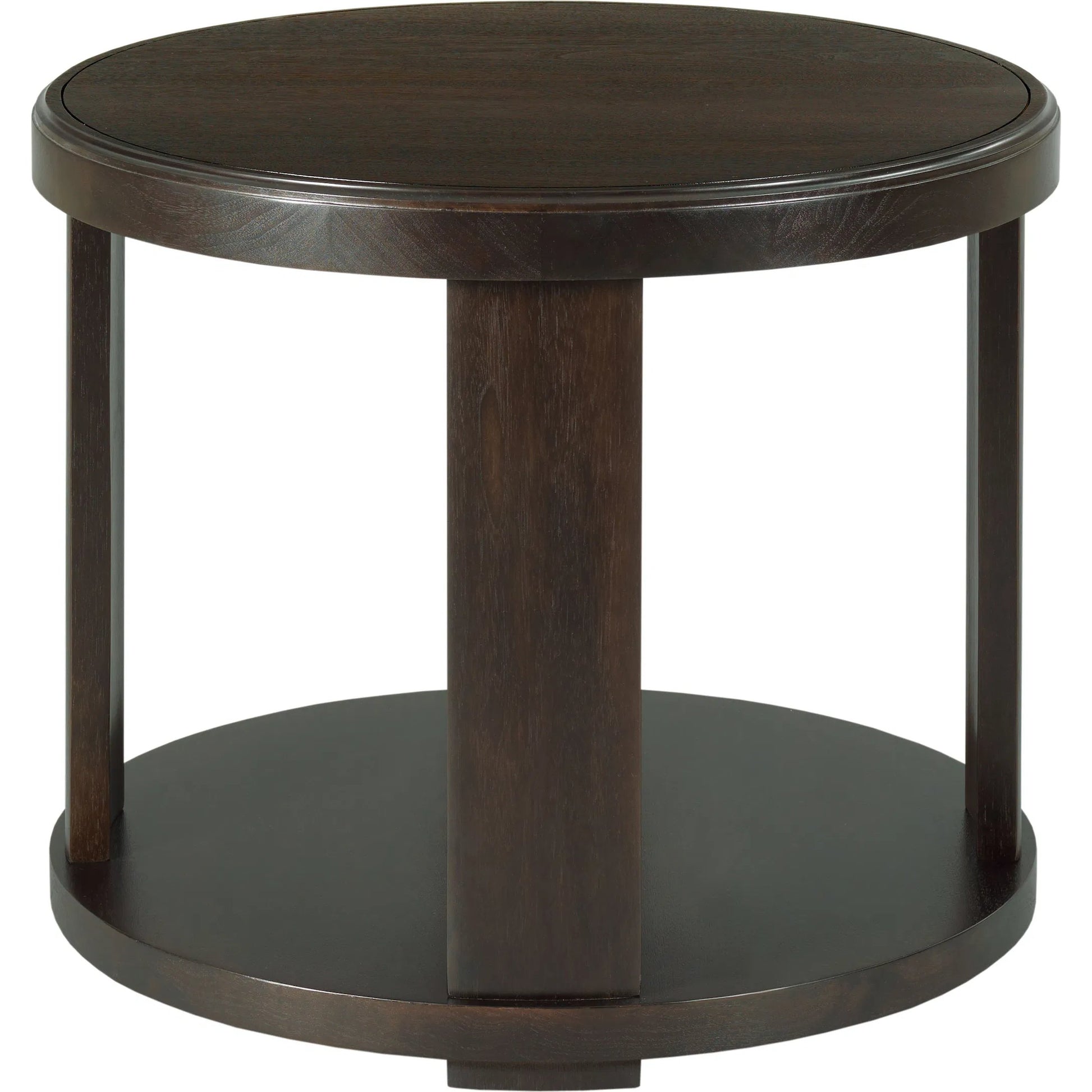 Libby Langdon Oakleigh End Table by Fairfield Chair in brown and dark sable. Made from birch solids, walnut veneers in a unique style.