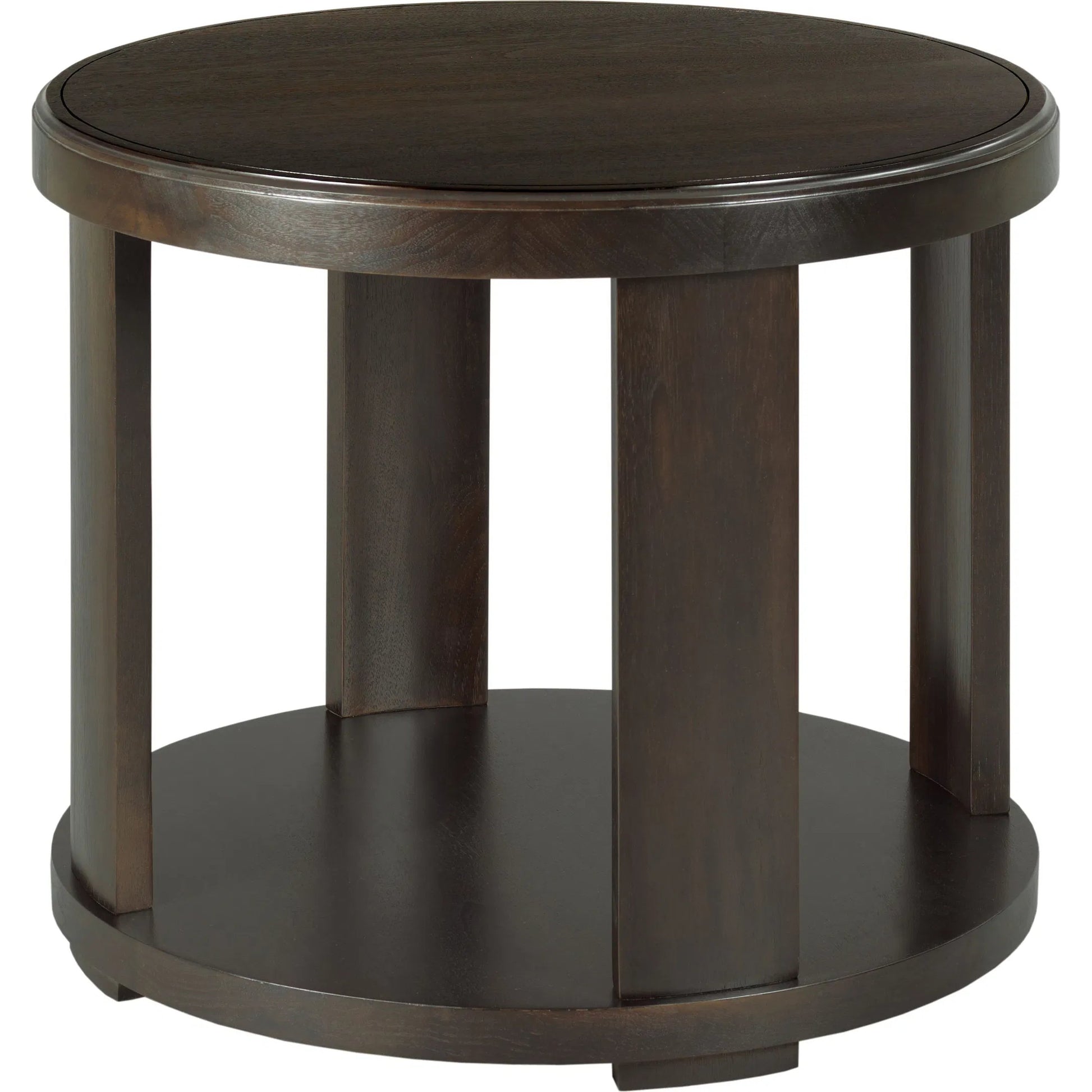 Libby Langdon Oakleigh End Table by Fairfield Chair in brown and dark sable. Made from birch solids, walnut veneers in a unique style.