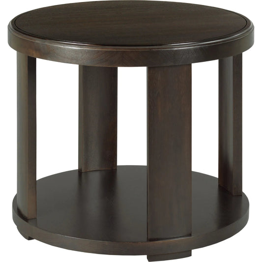 Libby Langdon Oakleigh End Table by Fairfield Chair in brown and dark sable. Made from birch solids, walnut veneers in a unique style.