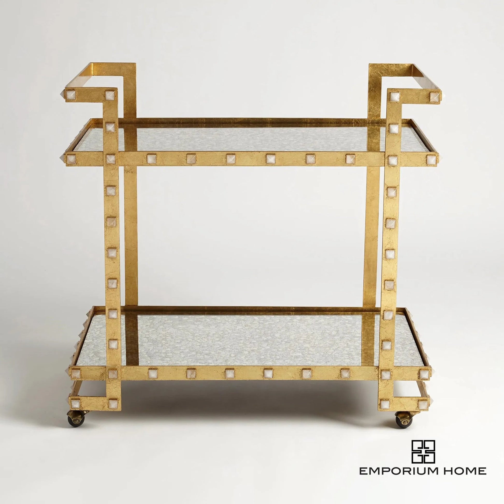 Quartz Stud Bar Cart by Global Views in gold leaf. Made from steel, quartz, mdf in a unique style.