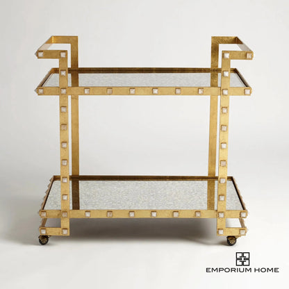 Quartz Stud Bar Cart by Global Views in gold leaf. Made from steel, quartz, mdf in a unique style.