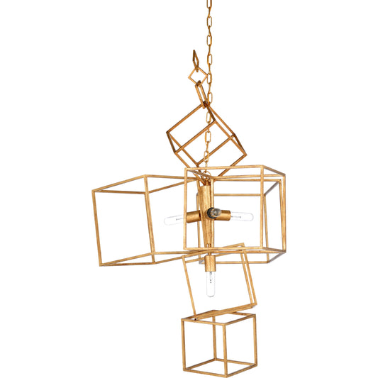 Cubist Chandelier by Wildwood in antique gold leaf. Made from iron in a modern style.