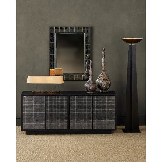 Mosaico Mirror by Currey and Company in ebony, antique mirror. Made from mango wood, glass in a unique style.