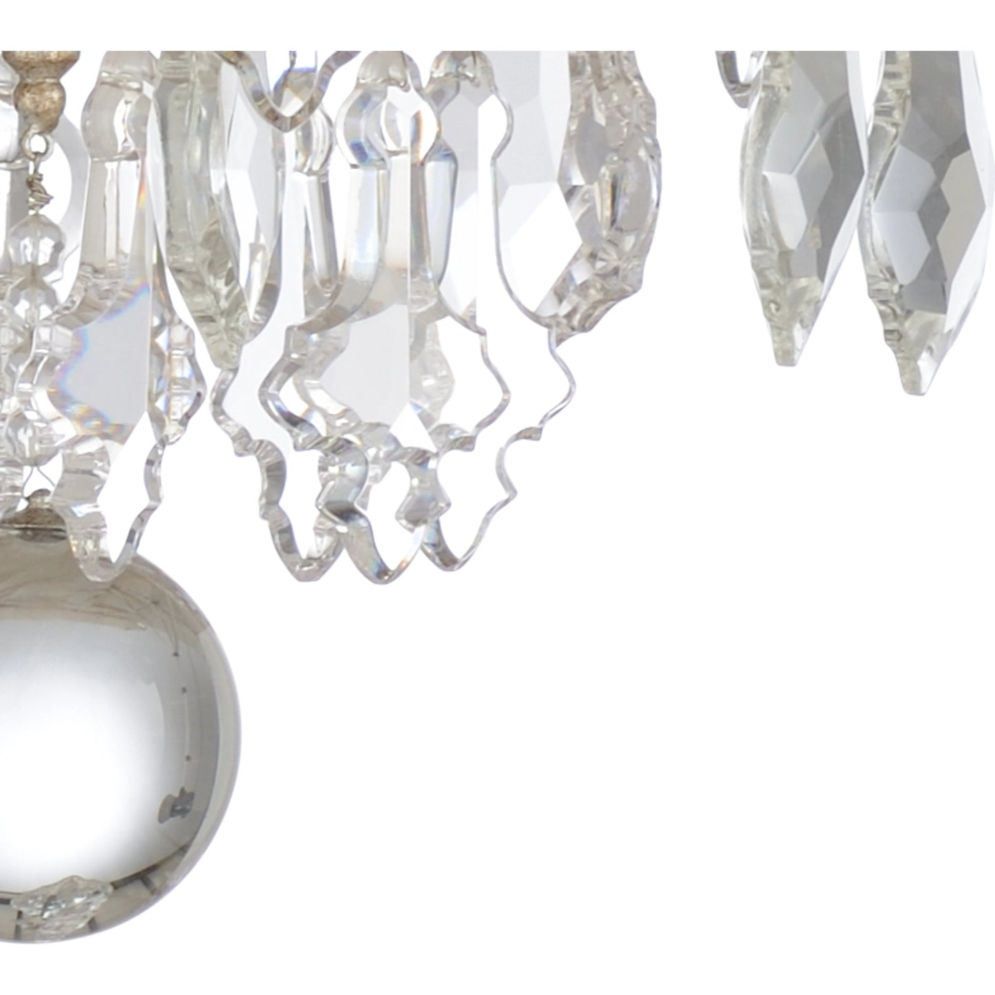 004 SR-386641 | Closeup | Versailles Chandelier by Wildwood in antique silver leaf, clear. Made from iron, crystal in a traditional style.