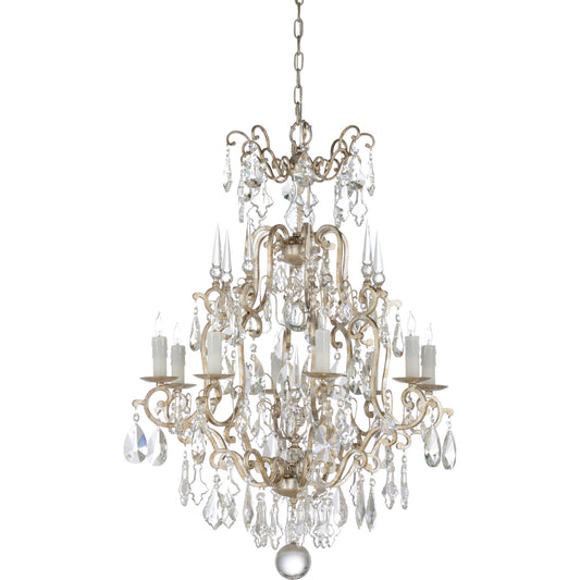 Versailles Chandelier by Wildwood in silver. Made from iron, crystal in a traditional style.