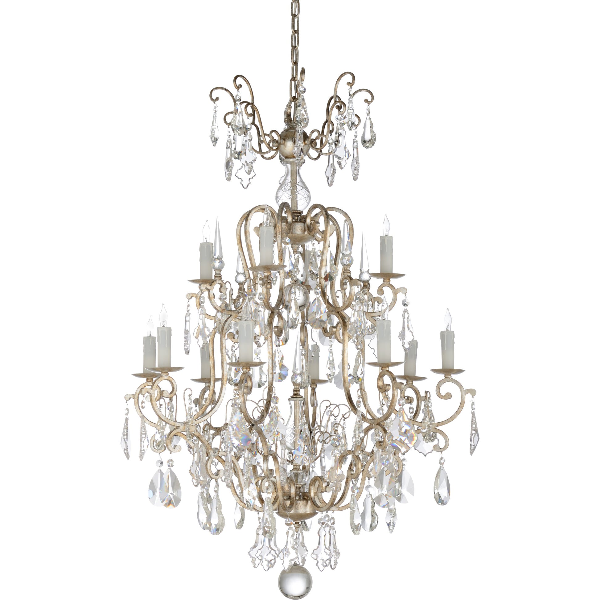 Versailles Chandelier by Wildwood in antique silver leaf, clear. Made from iron, crystal in a traditional style.