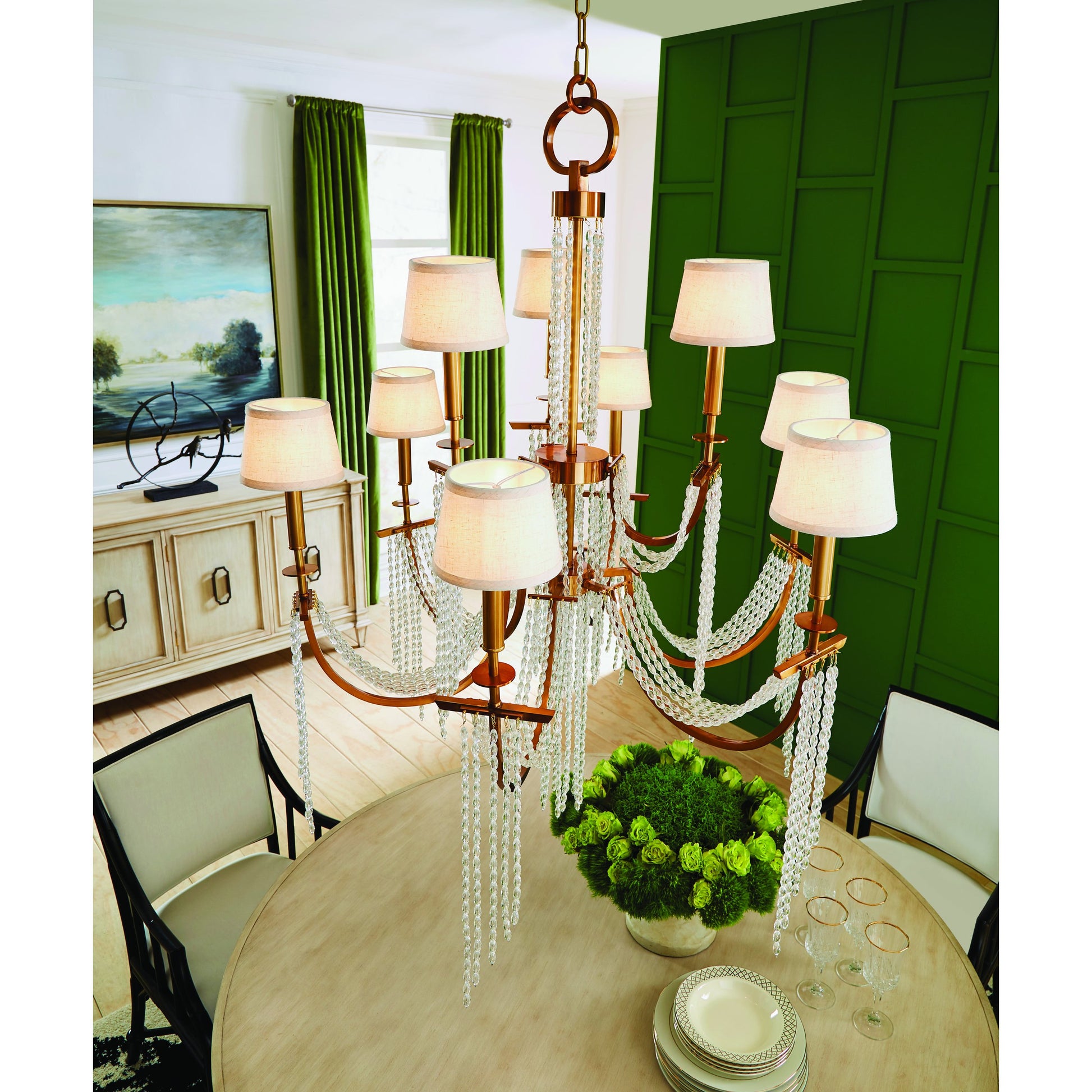 Mackie Chandelier by Wildwood in antique brass, clear. Made from iron, crystal in a traditional style.