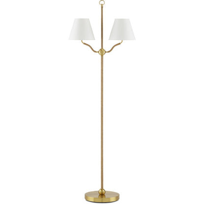 Sirocco Floor Lamp by Currey and Company in antique brass. Made from natural jute rope, metal in a modern style.