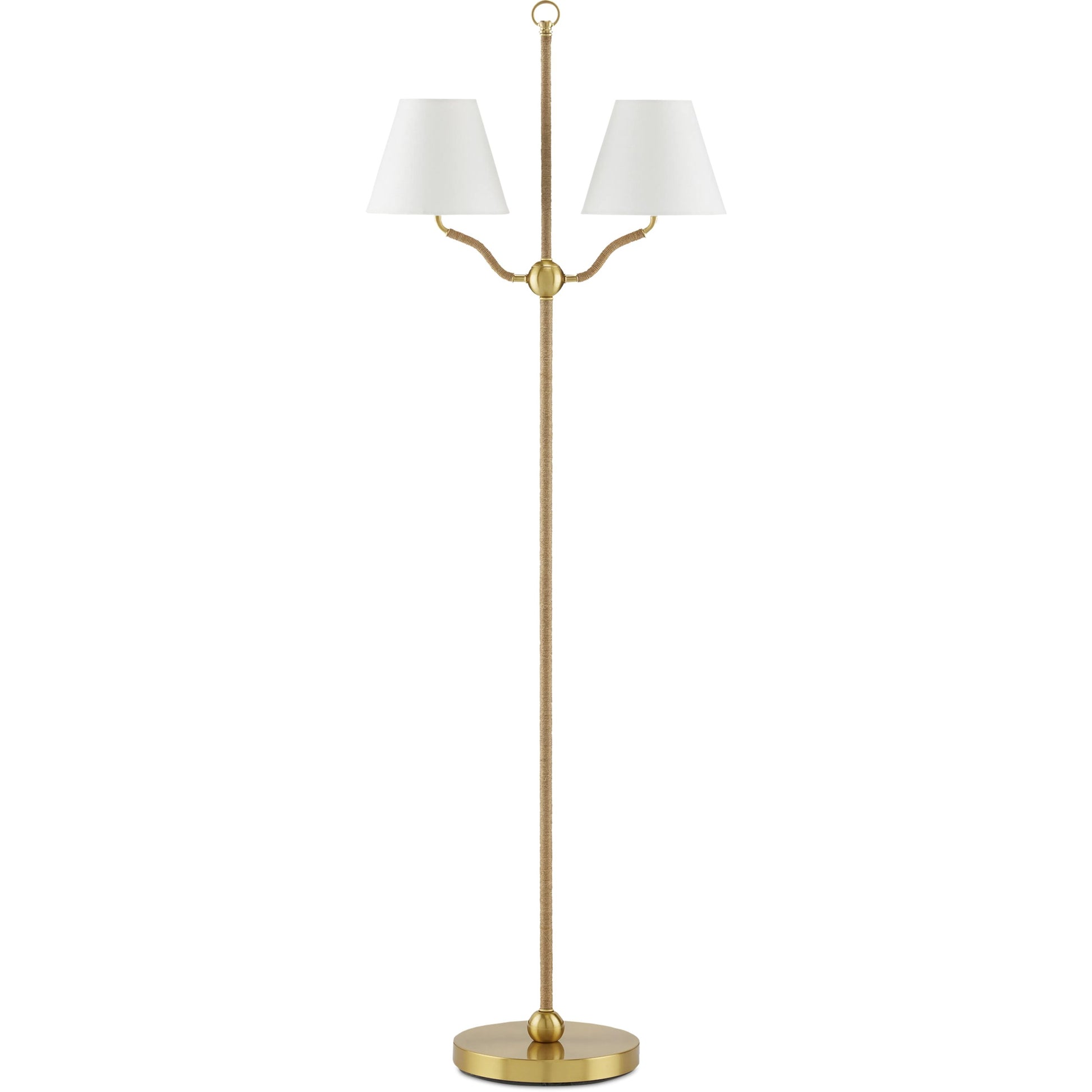 Sirocco Floor Lamp by Currey and Company in antique brass. Made from natural jute rope, metal in a modern style.