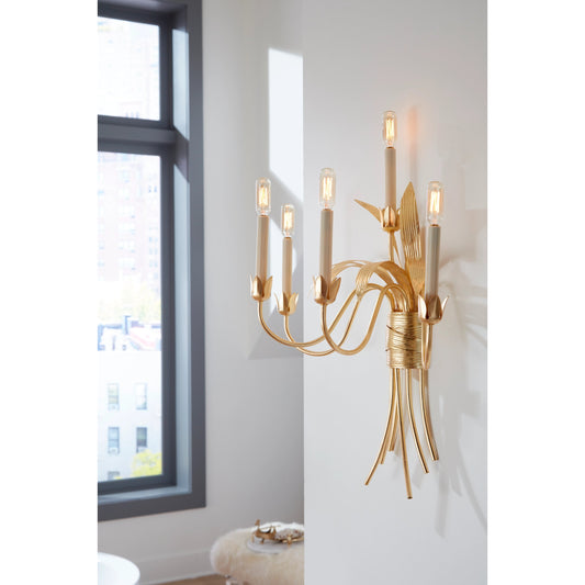 Mignon Sconce by Wildwood in gold leaf. Made from iron in a transitional style.