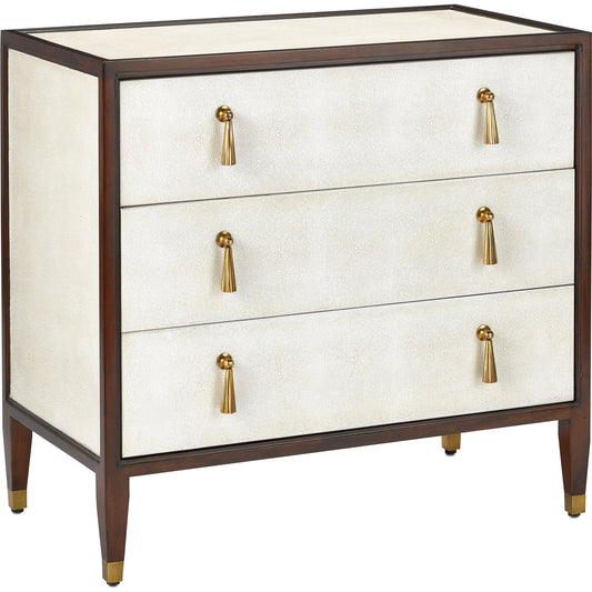 Evie Shagreen Chest by Currey and Company in ivory, dark walnut, brass. Made from faux shagreen, mahogany, cast brass in a transitional style.