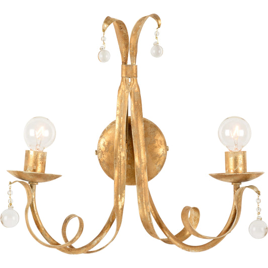 Reed 2 Light Sconce by Wildwood in gold. Made from iron/crystal in a modern style.