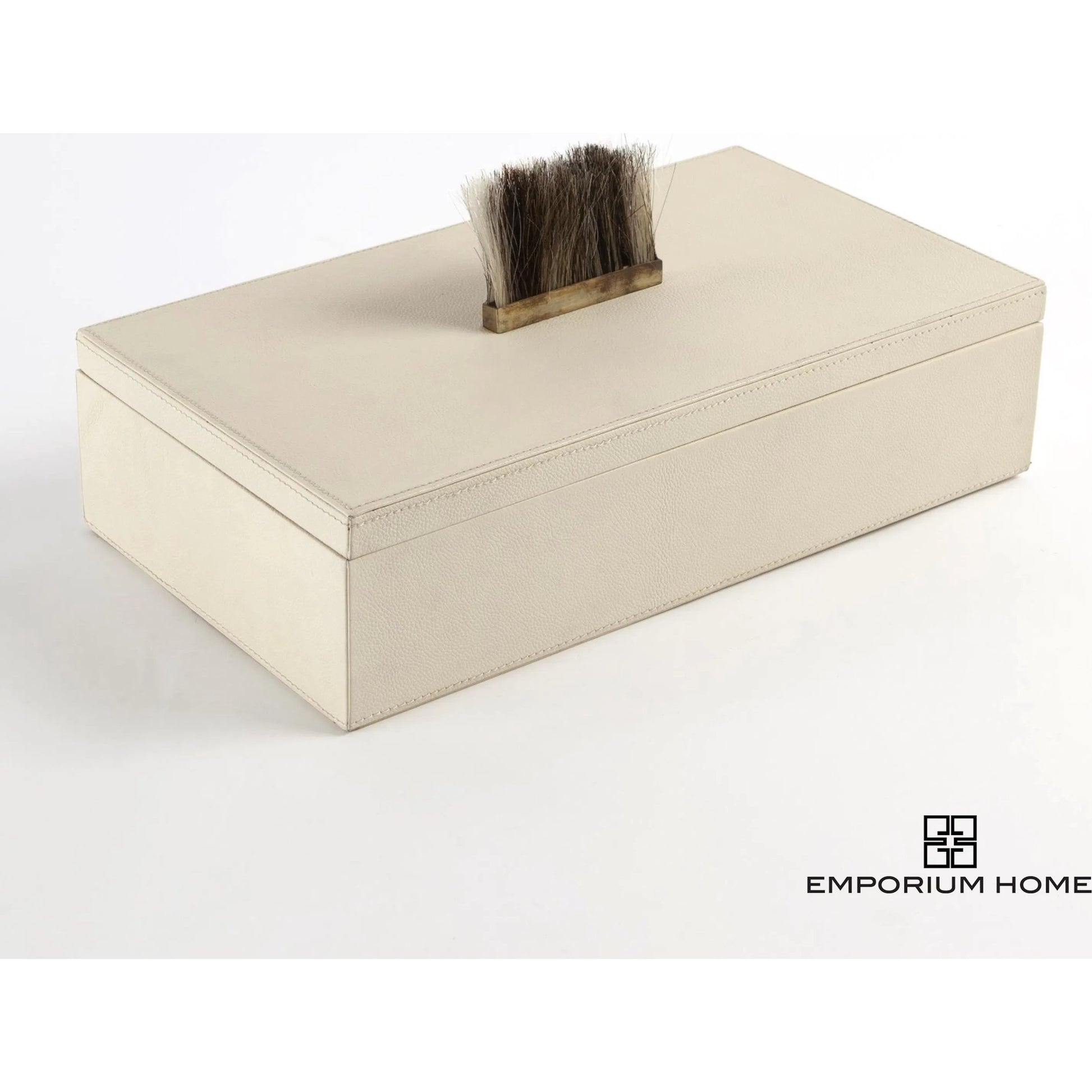 Harrington Box by Global Views. Made from mdf, brass, horse hair, leather cladding in a traditional style.