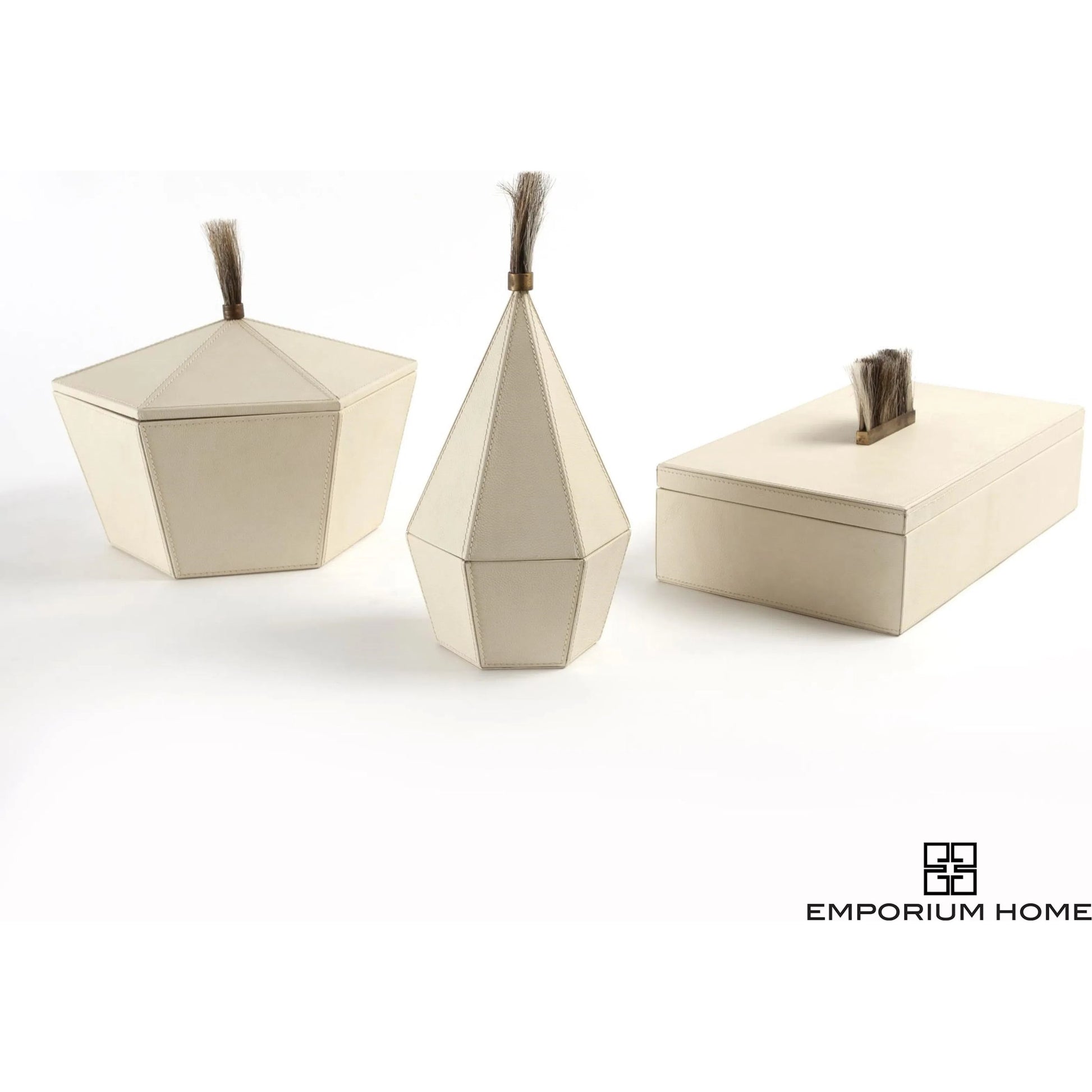 Harrington Box by Global Views. Made from mdf, brass, horse hair, leather cladding in a traditional style.
