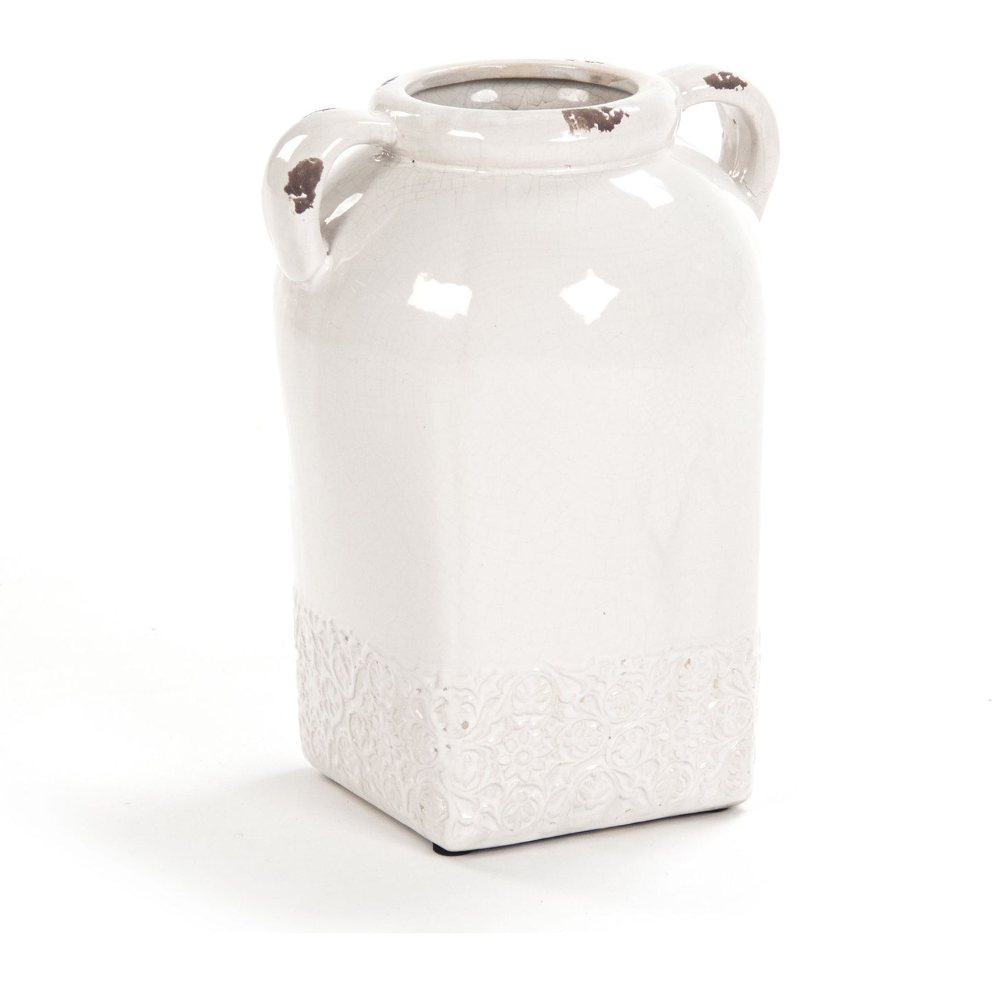 013 S-337416 | Primary Silo | Jar with Handles by Zentique in distressed crackle white and ceramic. Made from ceramic in a traditional style.